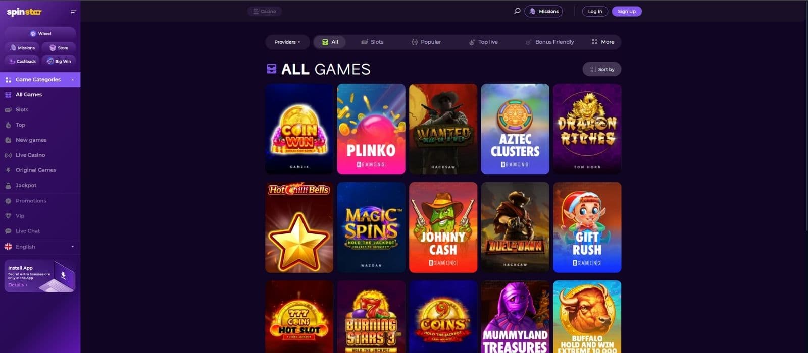 Spinstar.bet games page showing the most popular slot games with the game categories visible on top.