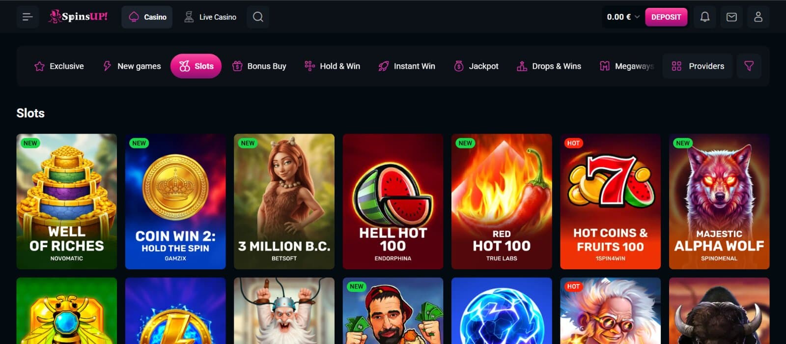 SpinsUp Casino games page featuring the slots icons under main category tabs