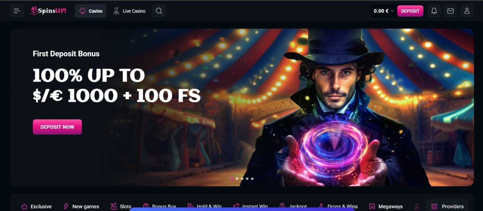 SpinsUp Casino landing page featuring the welcome bonus banner with circus magician, with game categories beneath it