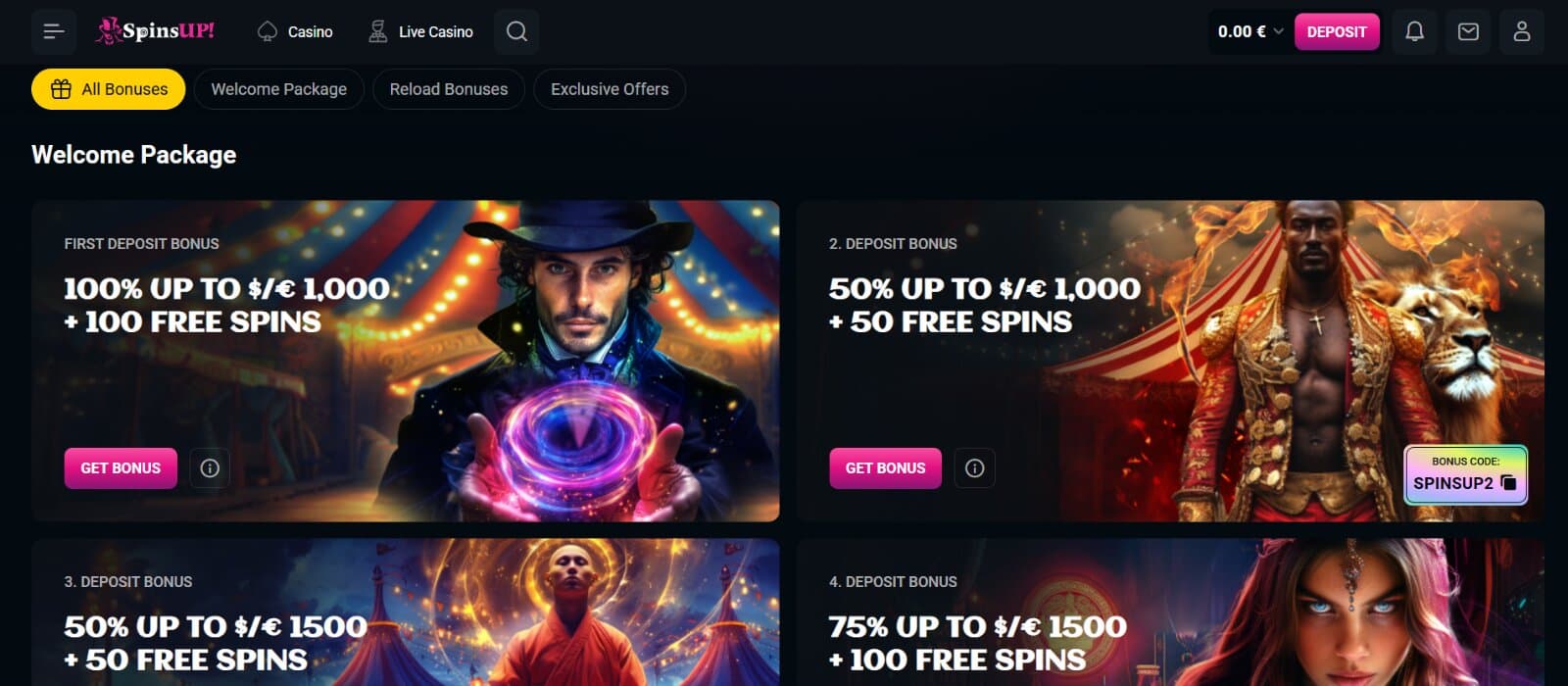 SpinsUp Casino promotions page featuring the welcome bonus deposit bonuses with respective images