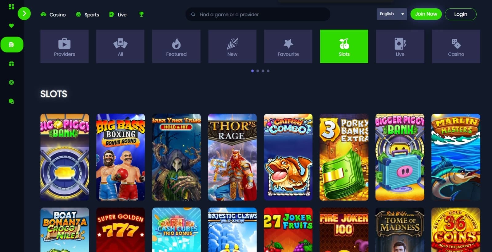 Spinzwin casino games page features slots such as Big Bass Boxing,  Tome of Madness and many other exciting titles