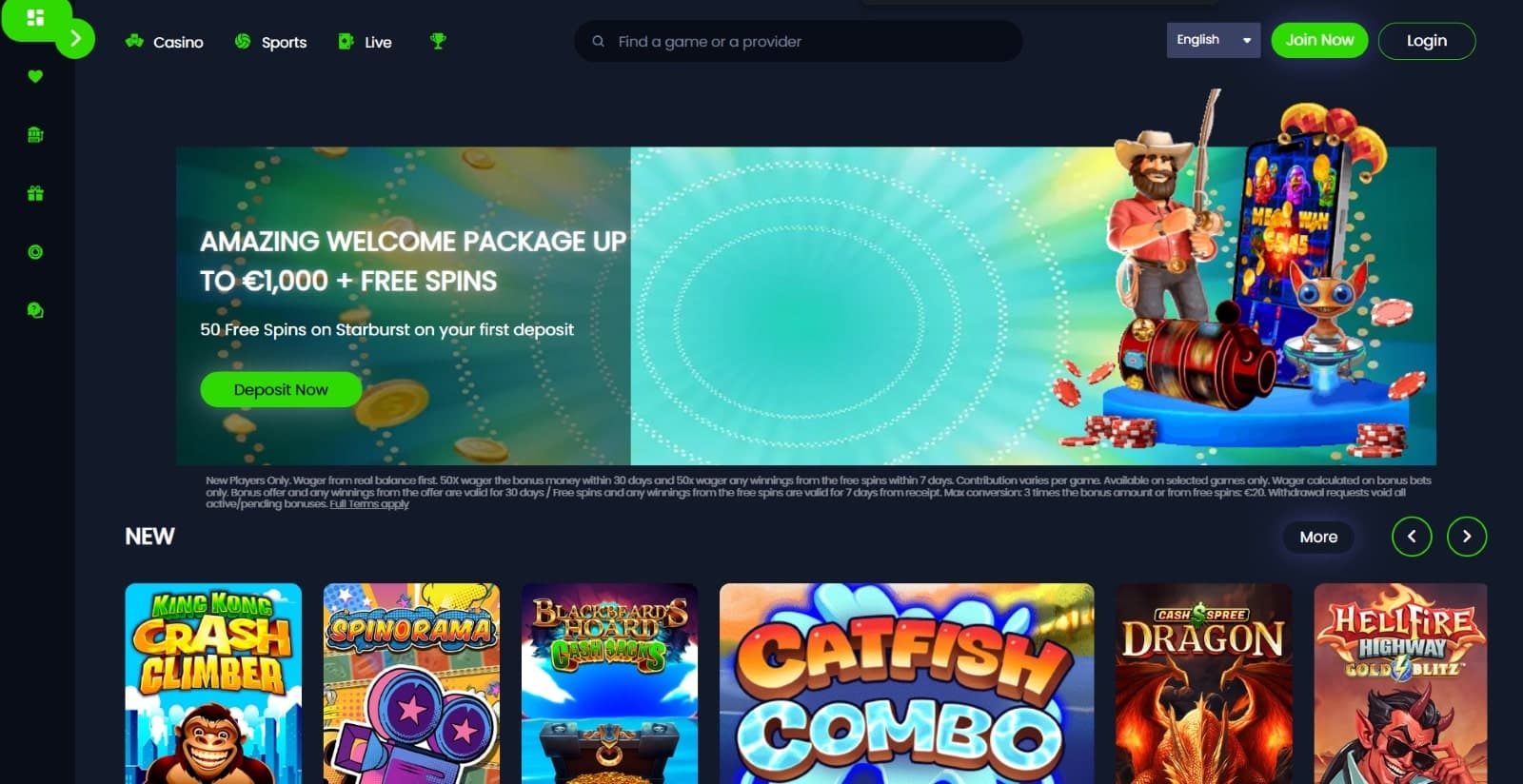 Spinzwin casino landing page listing the 1000 euro and 100 free spins welcome package and new featured slots section