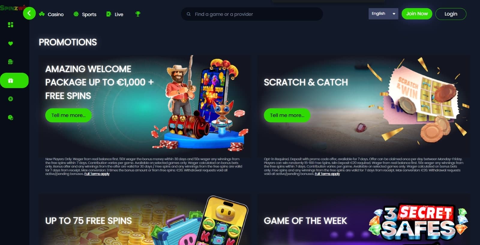 Spinzwin casino promotions page listing welcome bonus of 1000 euros, scratch and catch games, free spins and game of the week promotion