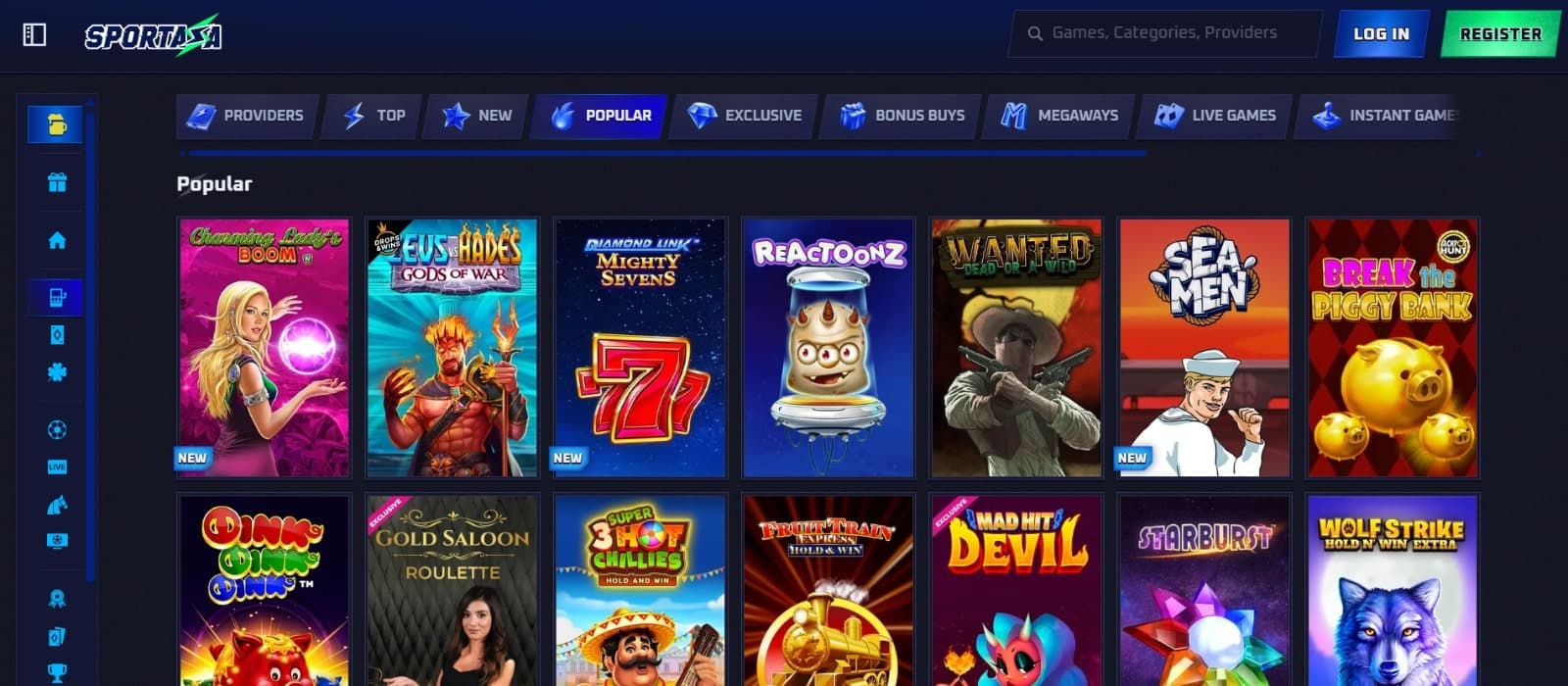 Spotaza Casino's games page listing popular slots such as Reactoonz and Wanted Dead or a Wild