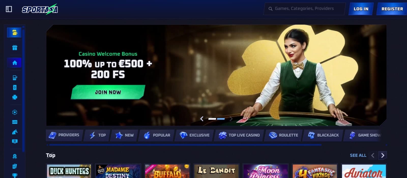 Sportaza Casino's landing page featuring the casino welcome banner with the 100% up to 500 euros and 200 free spins offer and game category tabs