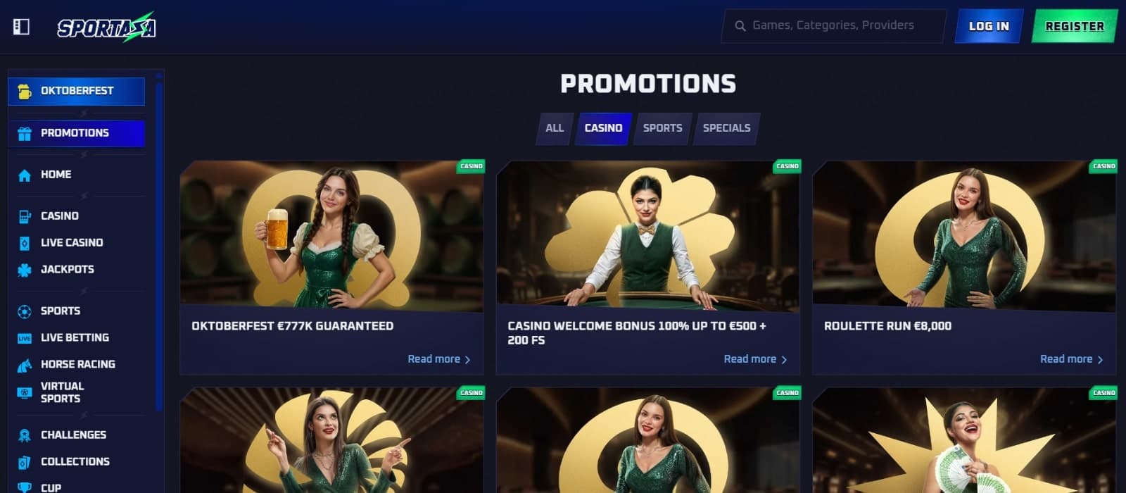 Spotaza Casino's promotions page listing the casino bonuses, including Oktoberfest 777k euros, welcome bonus, reload bonuses and other specials