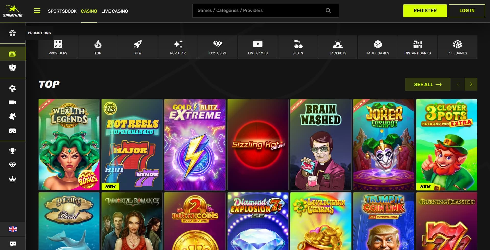 Sportuna Casino games with top slots under game categories and providers