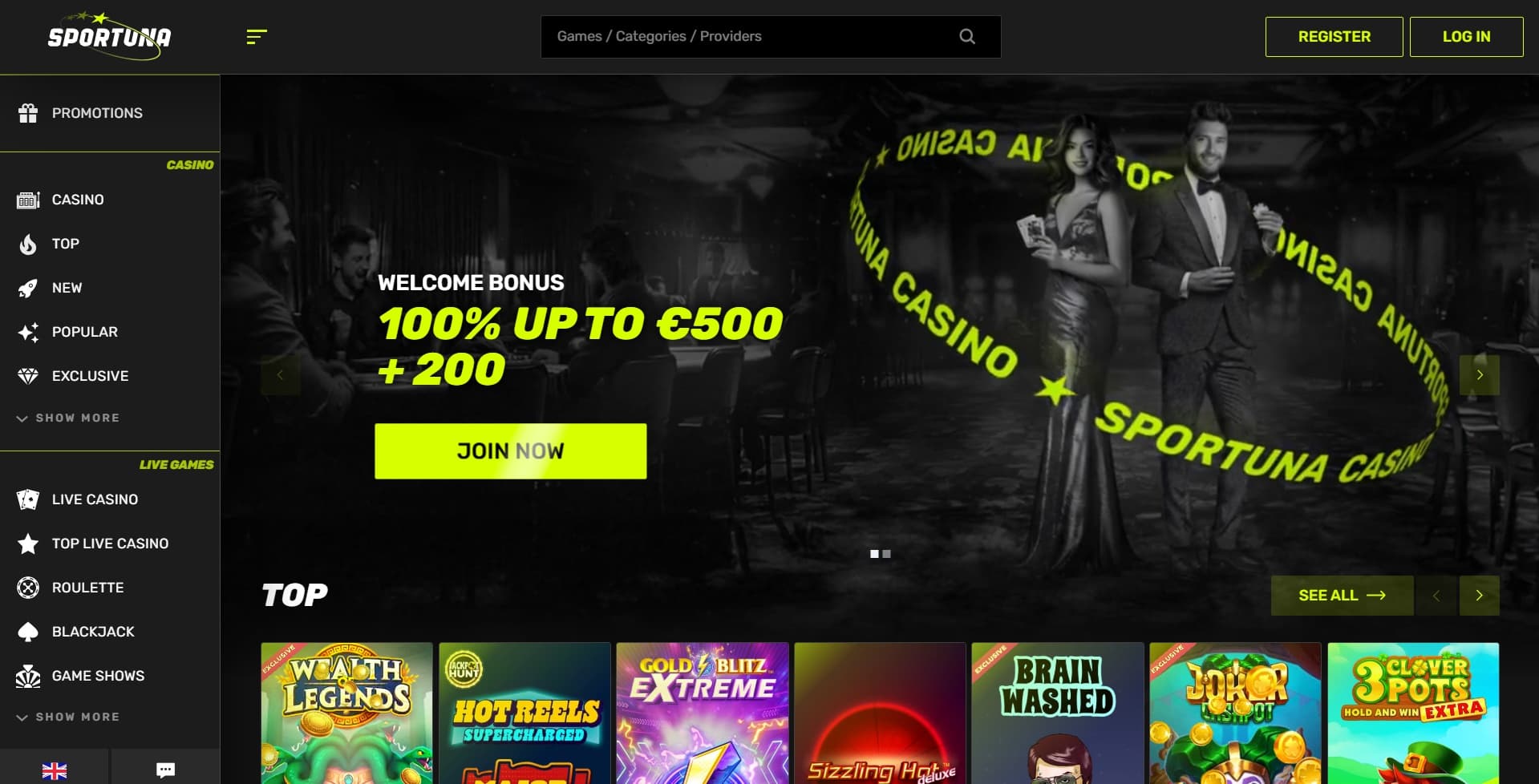 Sportuna Casino welcome bonus of 100% on banner with man and woman casino hosts 