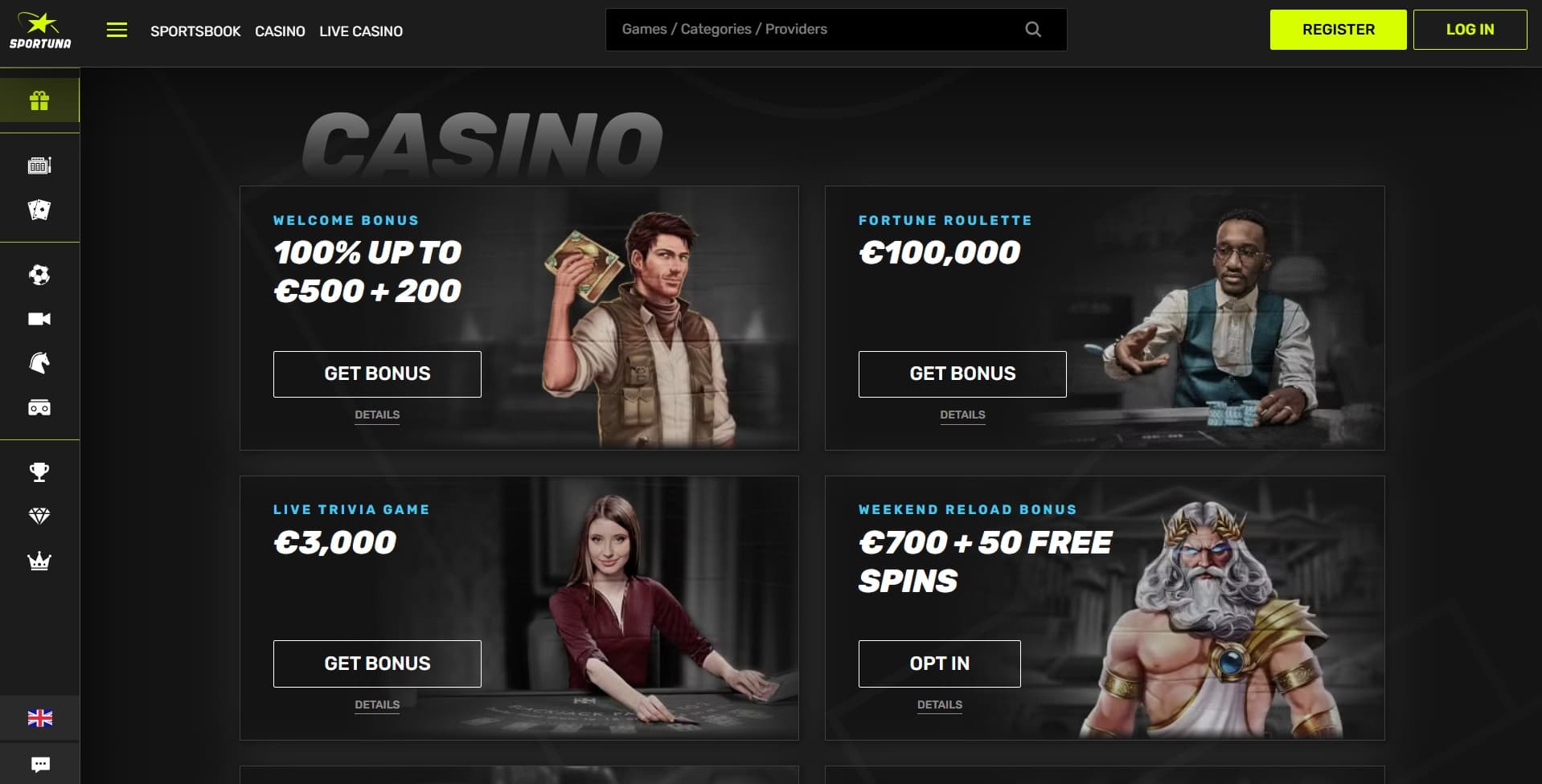 Sportuna Casino promotions page featuring 100% welcome bonus and fortune roulette 