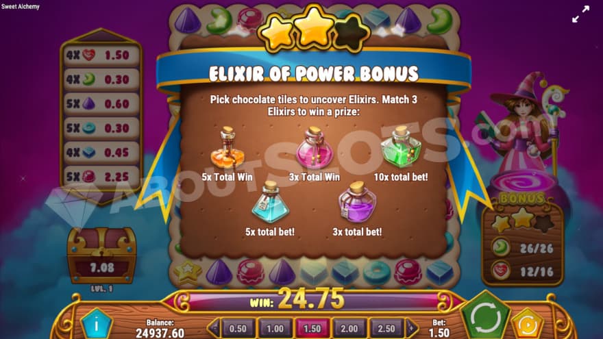 Elixer of power bonus where you can pick chocolate tiles.