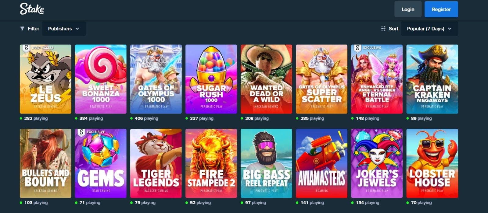 Stake Casino games page featuring slot titles such as Le Zeus, Gates of Olympus, Big Bass Reel repeat and Lobster House