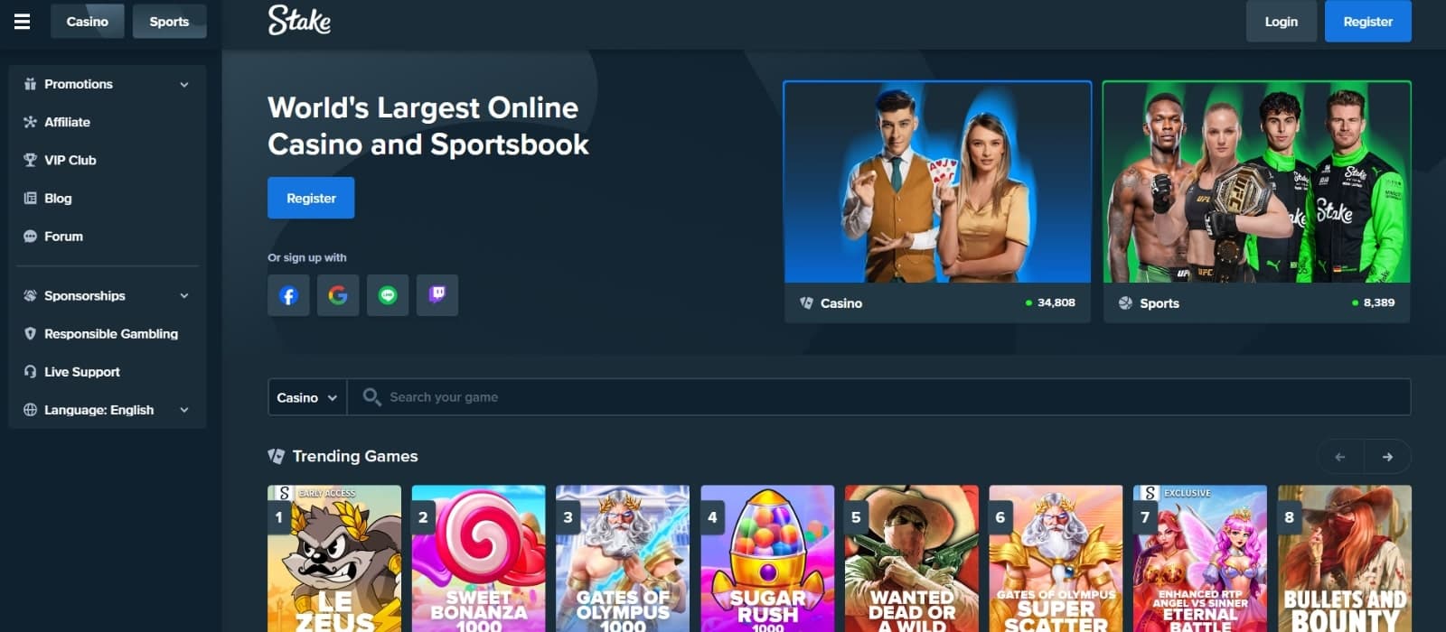 Stake Casino's landing page displaying the casino and sports section with the registration options and Trending games feature