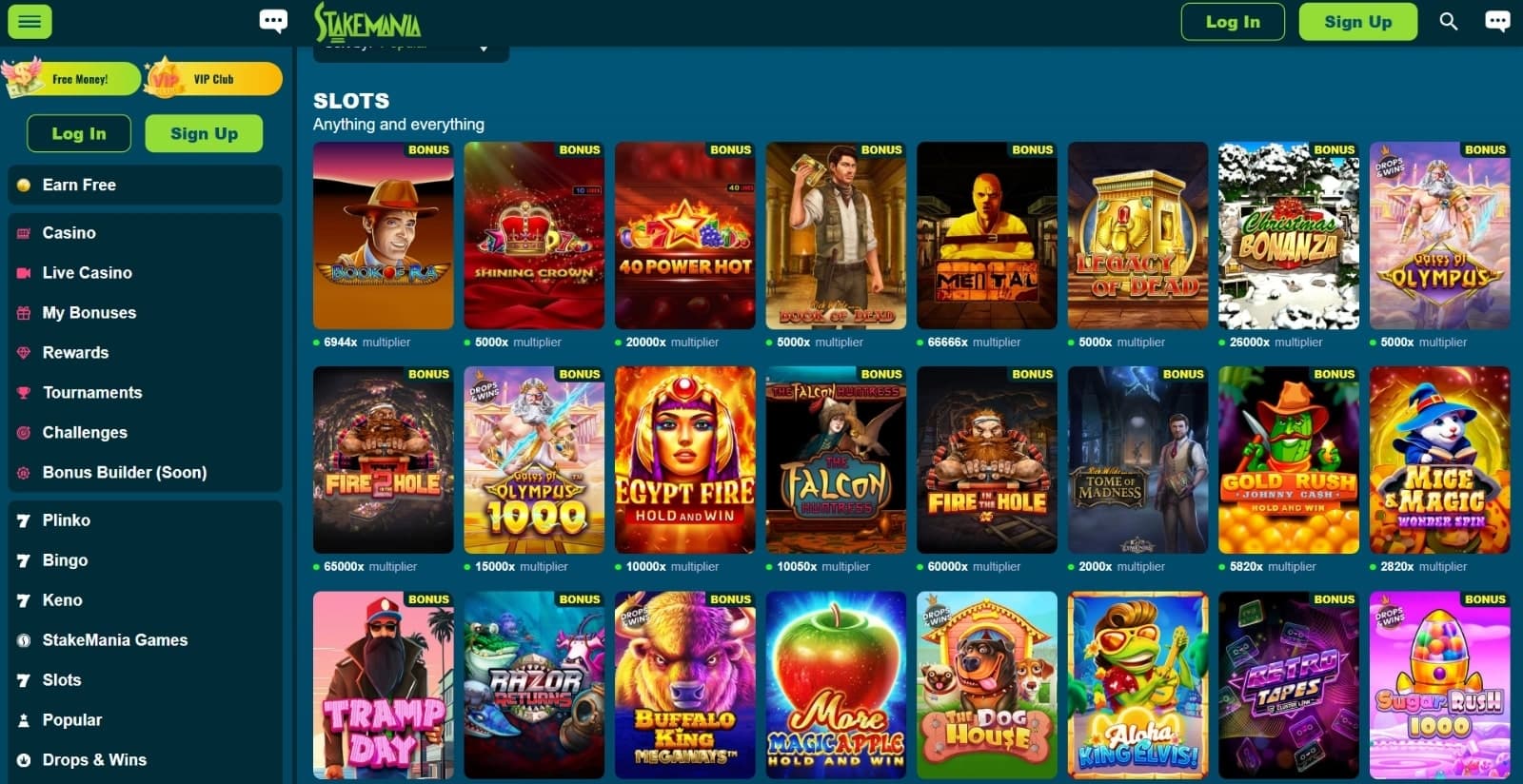 Stakemania Casino's games lobby featuring the slot selection next to left side menu