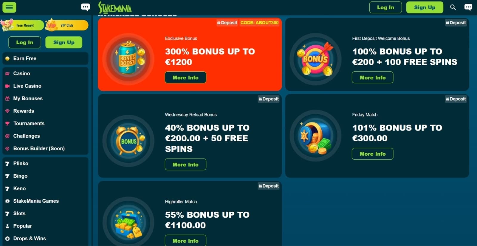 StakeMania Casino's promotions page featuring the welcome bonuses, weekend and friday reload bonuses, and high roller bonuses