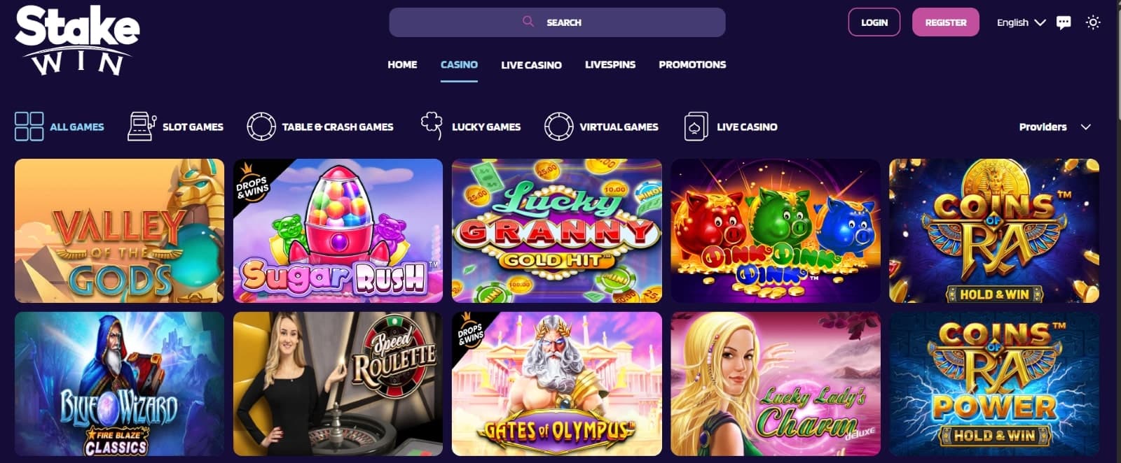 Stakewin.io Casino games page featuring slots such as valley of gods, Sugar Rush and Coins of Ra 