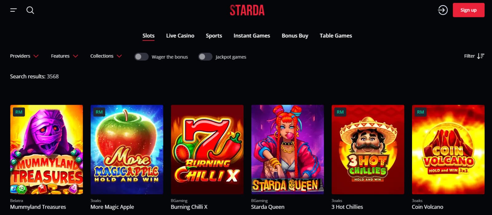 Starda Casino Games page with popular slot titles
