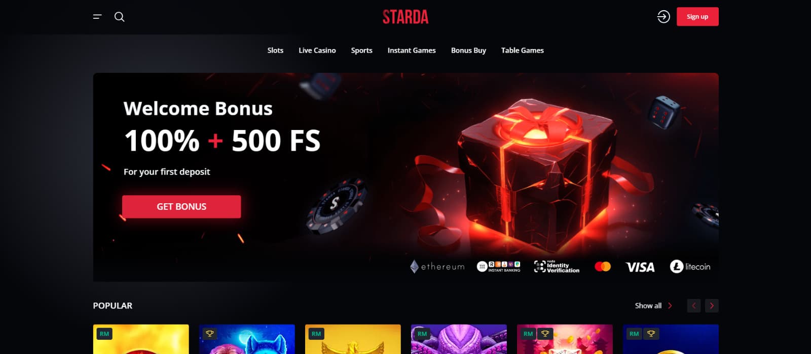 Starda Casino home page with red and black gift box banner