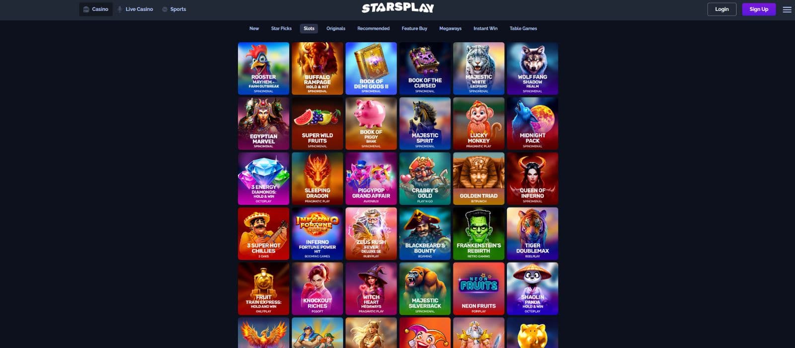 Starsplay games page showing a selection of their most popular slot games