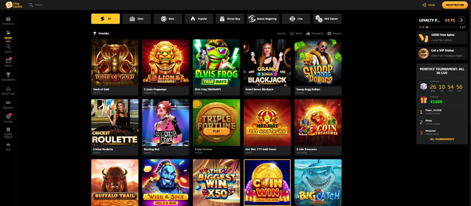 Staycasino games page showing a selection of slot games and game categories