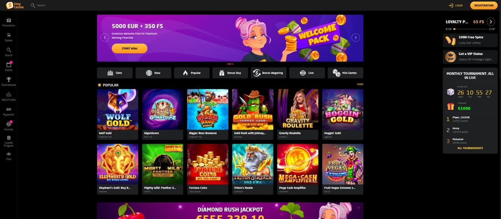 Staycasino landing page showing a selection of slots, the loyalty bonus meter and the main menu to the left