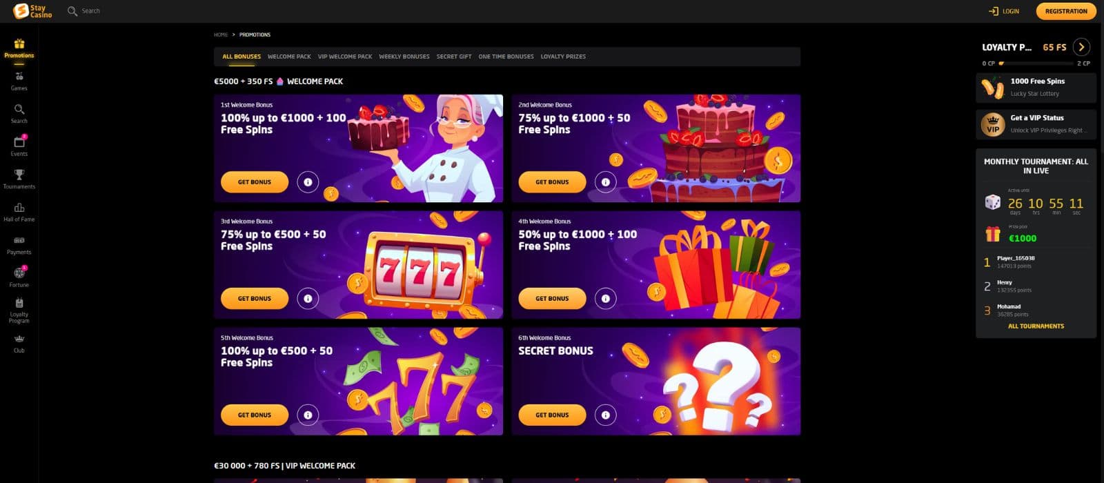 Staycasino promotions page showing the available welcome bonuses and promotions tabs