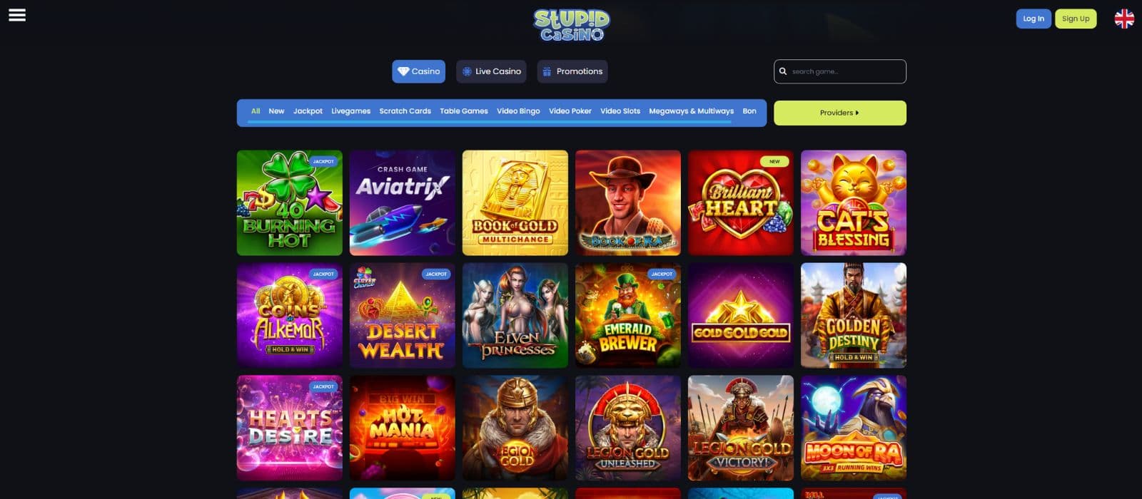 Stupid Casino games page showing a selection of slots and the game categories menu