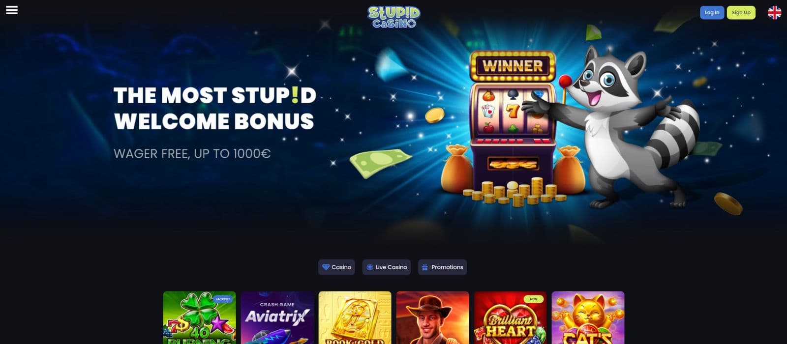 Stupid Casino landing page showing the welcome bonus offer and a few slots
