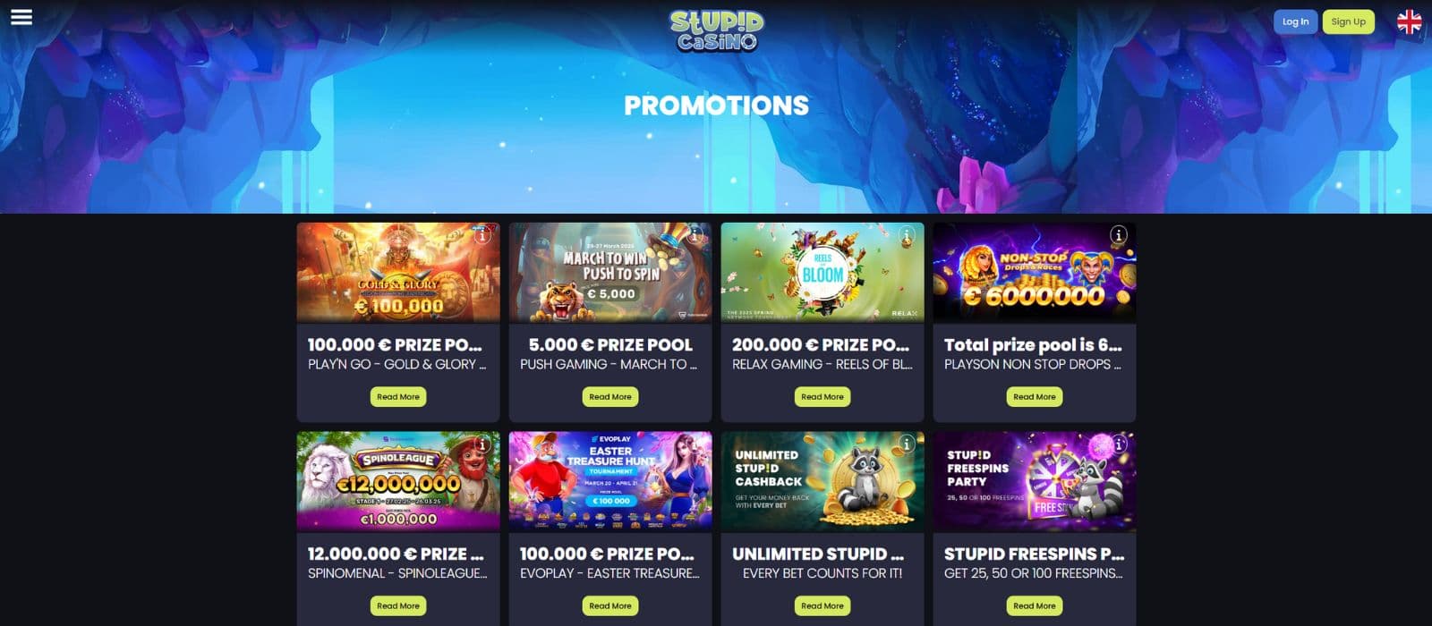 Stupid Casino promotions page showing the welcome bonus offer and the available promotions and tournaments