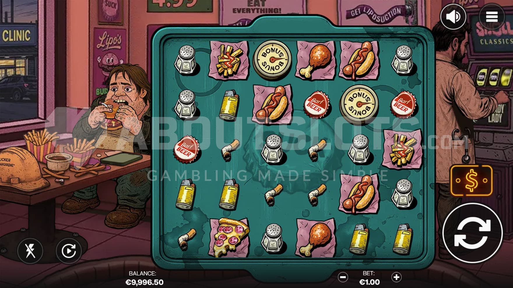 Base Game view of a 6x5 grid set on a backdrop of a grimy diner.