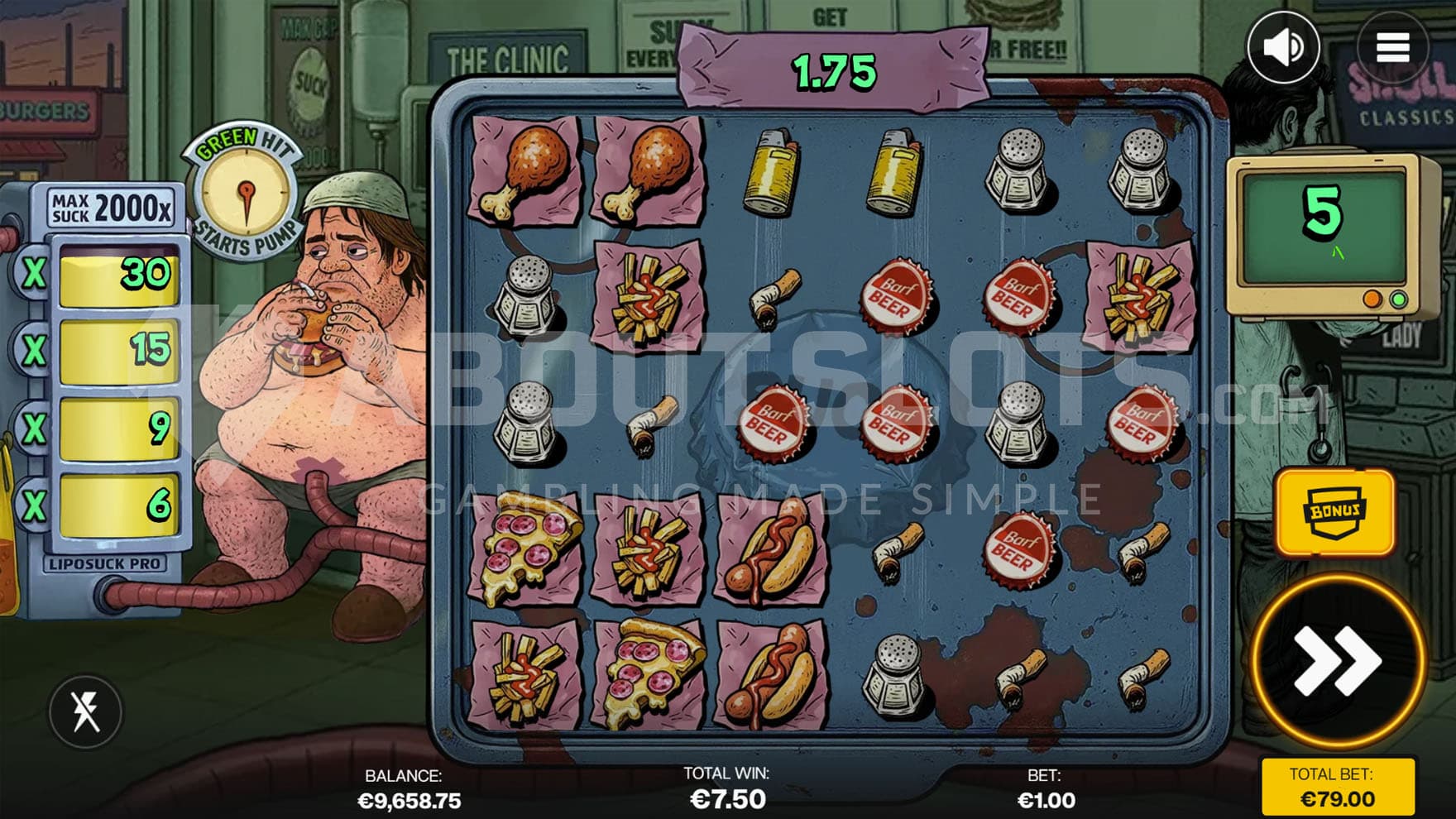 Free Spins bonus in progress, showing an activated Pump, awarding an x30 multiplier to the win.