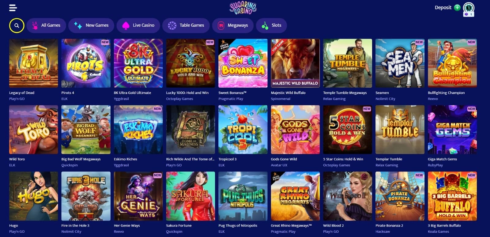 Sugarino Casino games page listing popular slot options such as Sweet Bonanza, Temple Tumble and Pirots 4