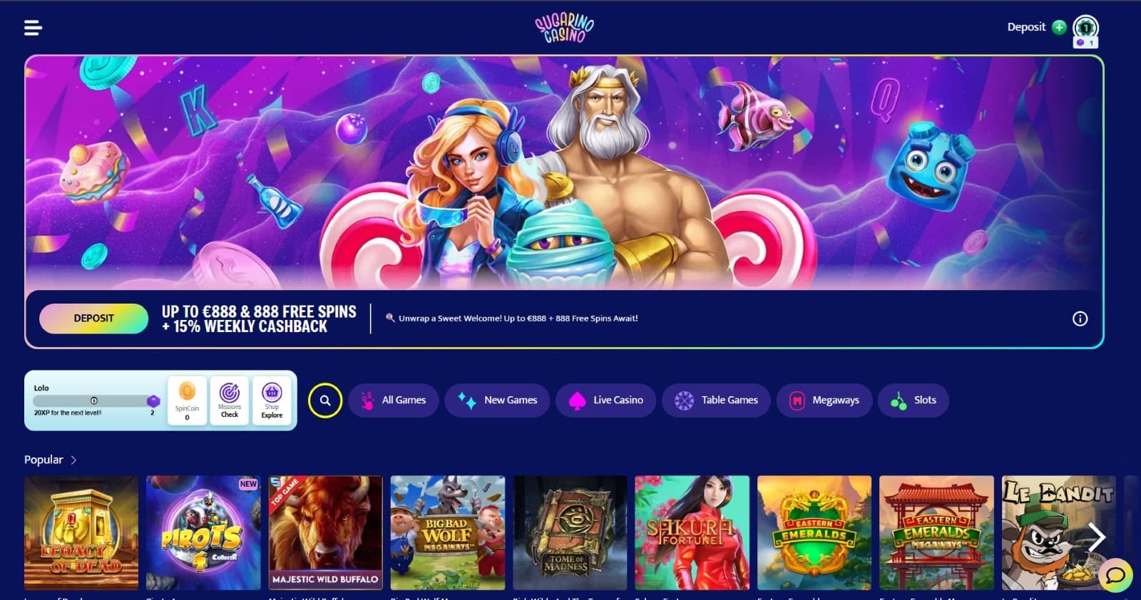 Sugarino casino landing page displaying the welcome offer of 888 euros and 888 free spins  and featured games section