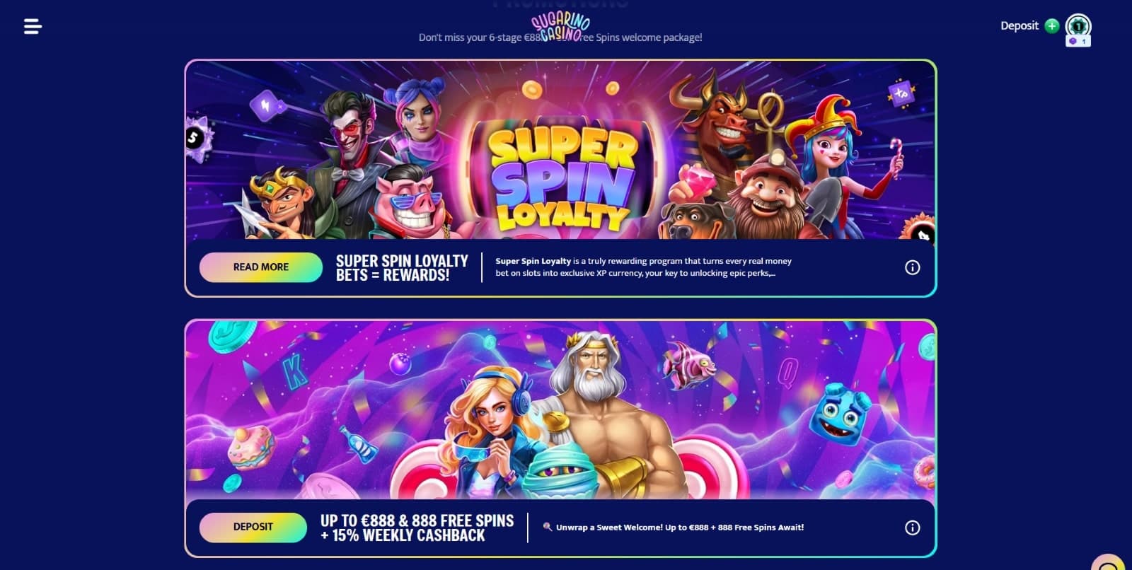 Sugarino Casino promotions page featuring Super Spin Loyalty program and 888 euro welcome bonus