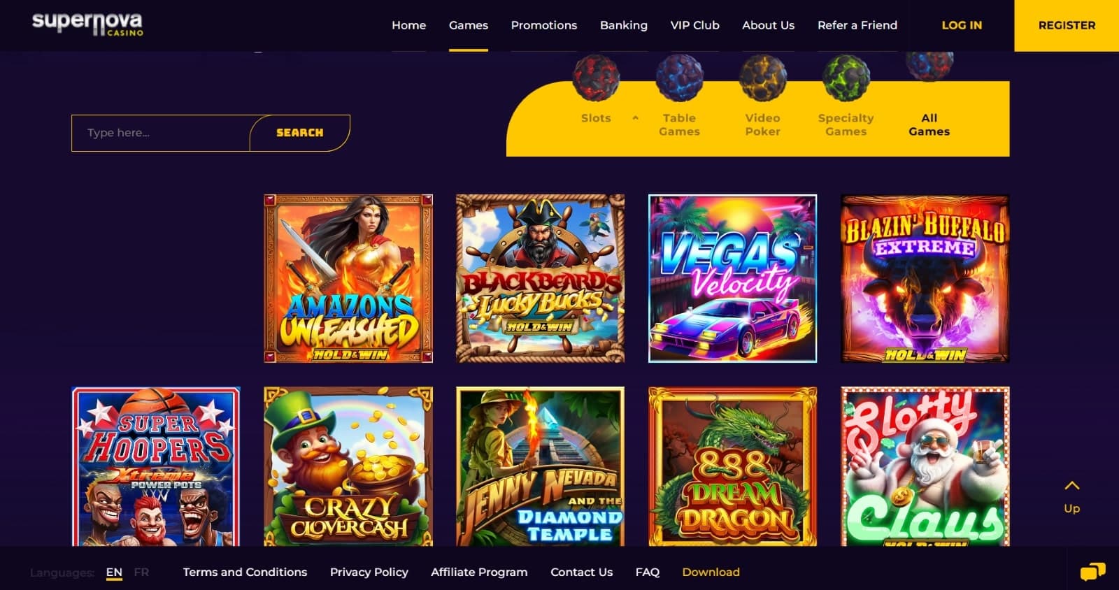 SuperNova Casino games page featuring the slot, table games, video poker and specialty games with search filter