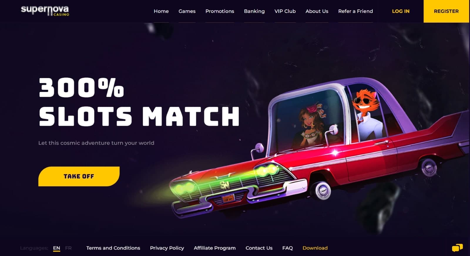 SuperNova Casino landing page featuring 300% slots match bonus with image of red car travelling through space
