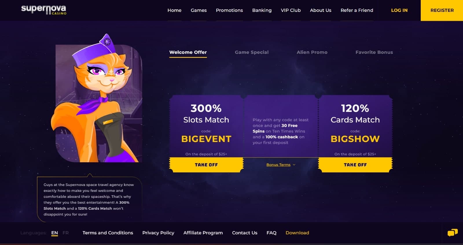 Supernova Casino promotions page featuring the two welcome bonus deposit match options of 300% and 120%