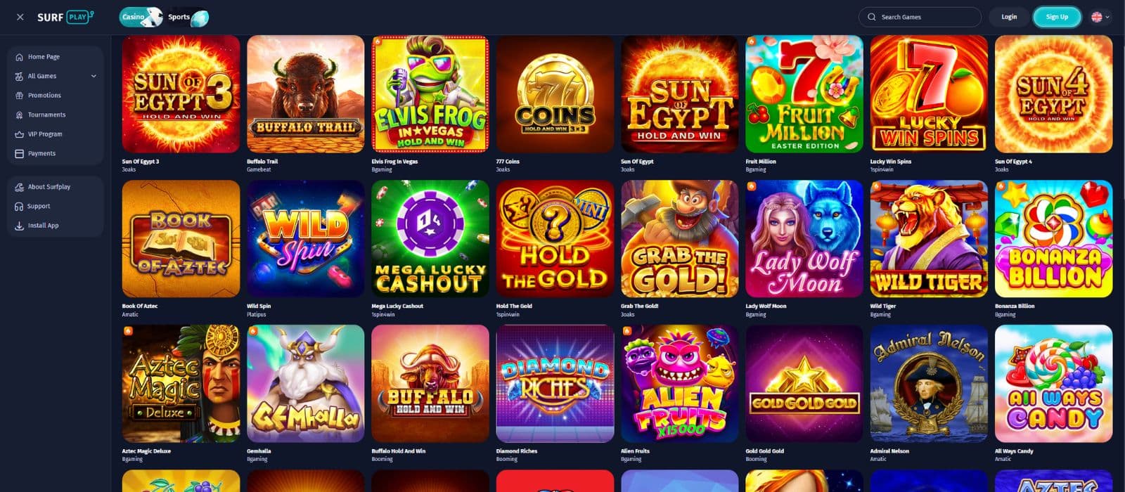 Surfplay Casino games page showing a selection of casino games and the main menu to the left