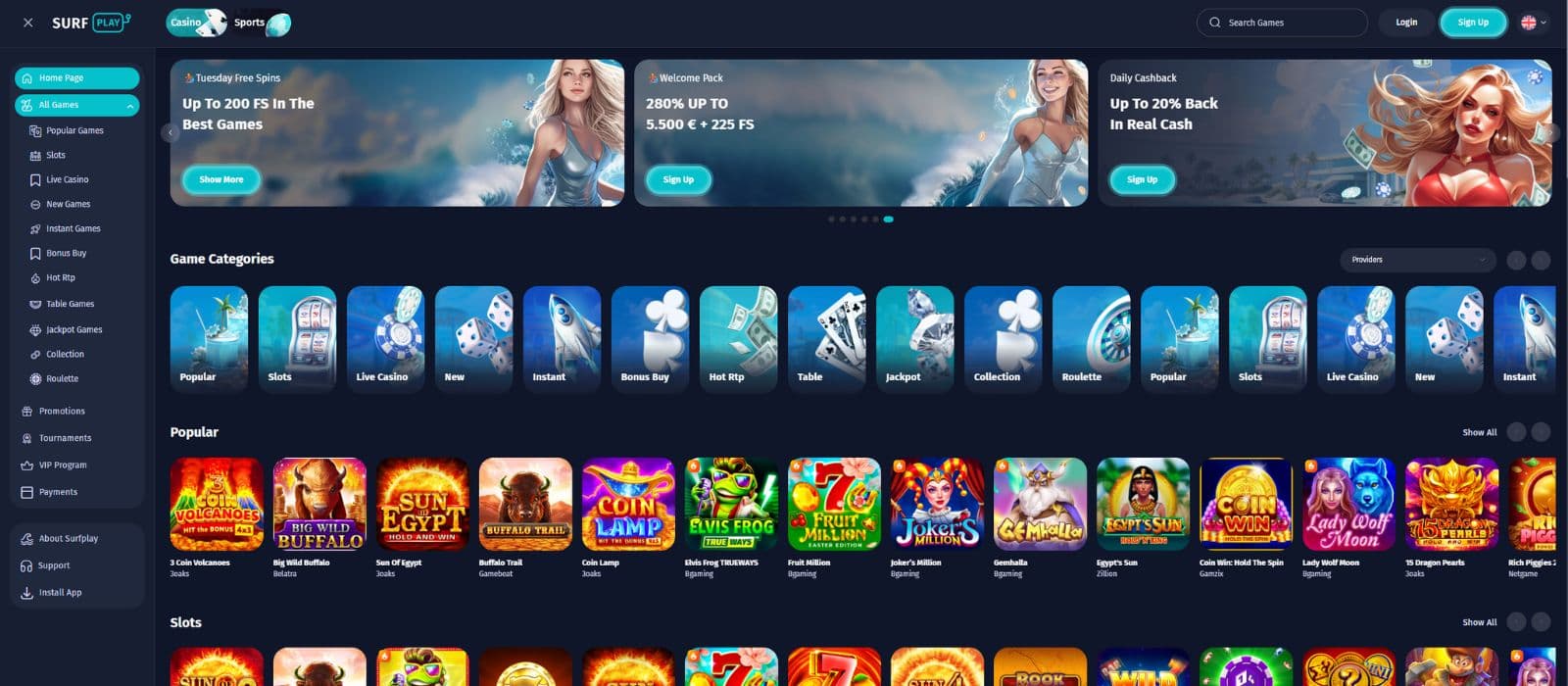 Surfplay Casino landing page showing a selection of games, the game categories and the casino welcome offers on top