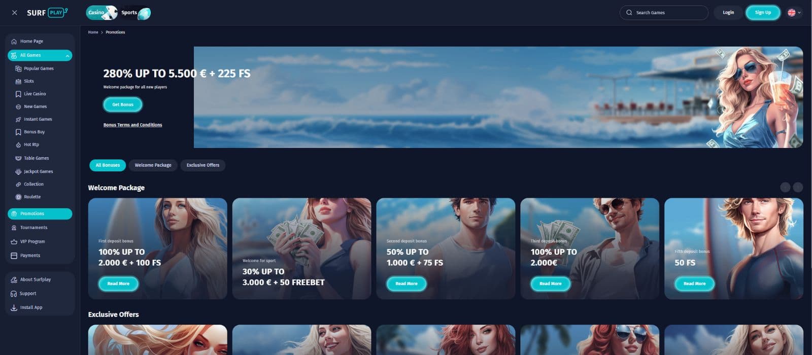 Surfplay Casino promotions page showing the available casino bonuses and sports beting welcome bonus