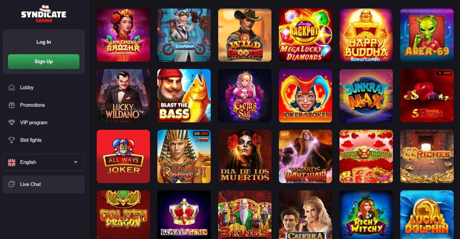 Syndicate Casino games page with slot lobby featuring Joker Stoker, Dia de Los Muertos, and many others