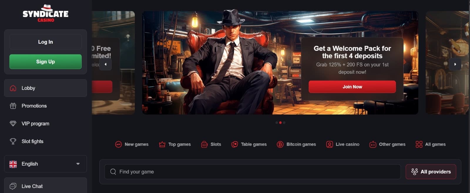 Syndicate Casino landing page with welcome pack banner with mafia boss image