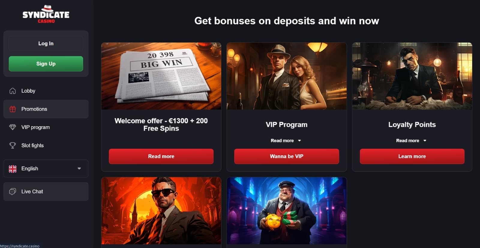 Syndicate Casino promotions page featuring welcome offer, VIP program, loyalty points