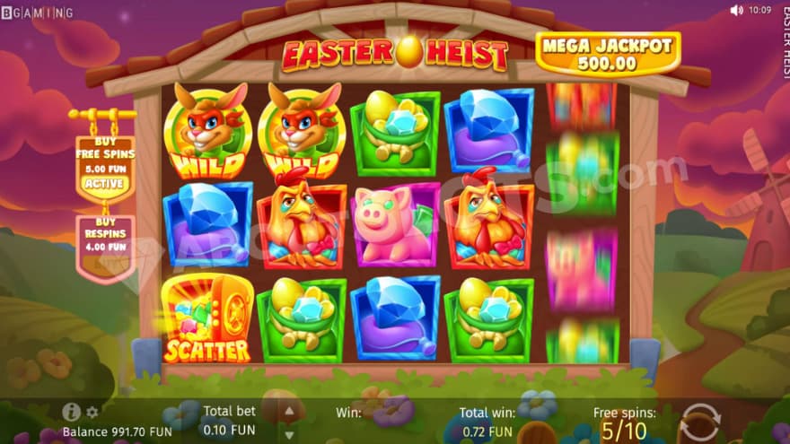 Free Spins bonus game with 2 wild rabbit symbols on the reels.