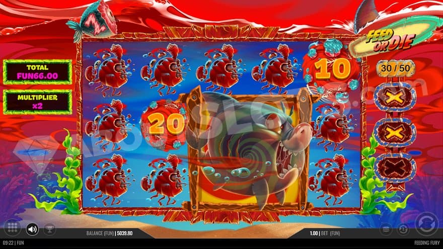 A big 2x2 symbol containing a shark swims in bloody waters.