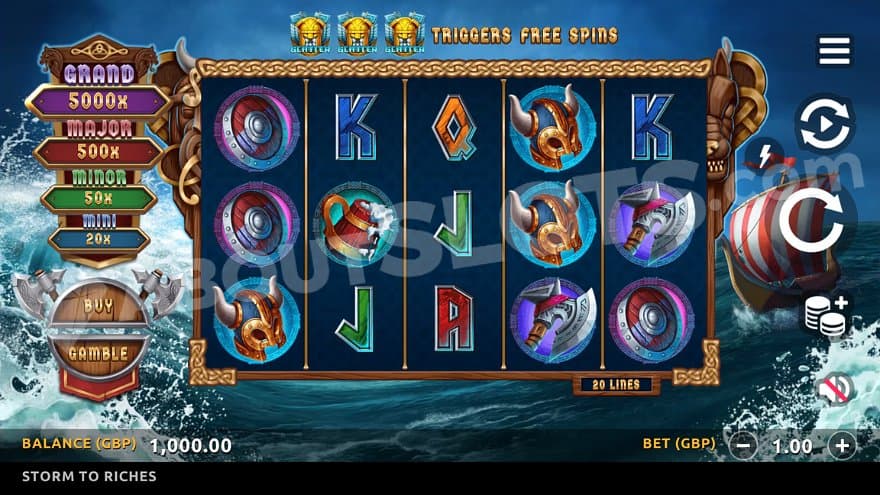 A stormy sea with a Viking ship and five casino reels in the middle.