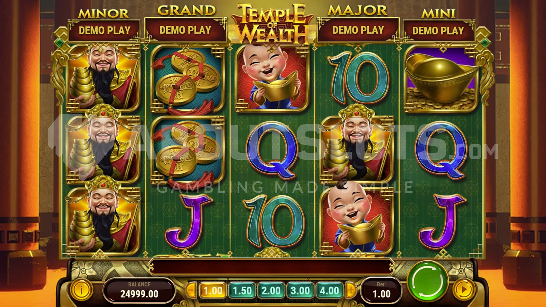 Base Game view of a 5x3 grid populated with Chinese-themed symbols on a backdrop of a temple interior.