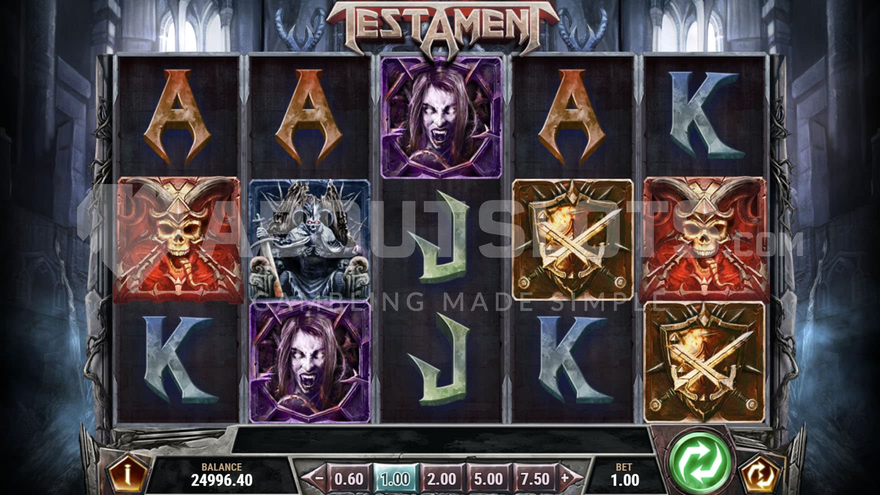 Base Game view of a 5x3 grid on a backdrop of a dark cathedral.