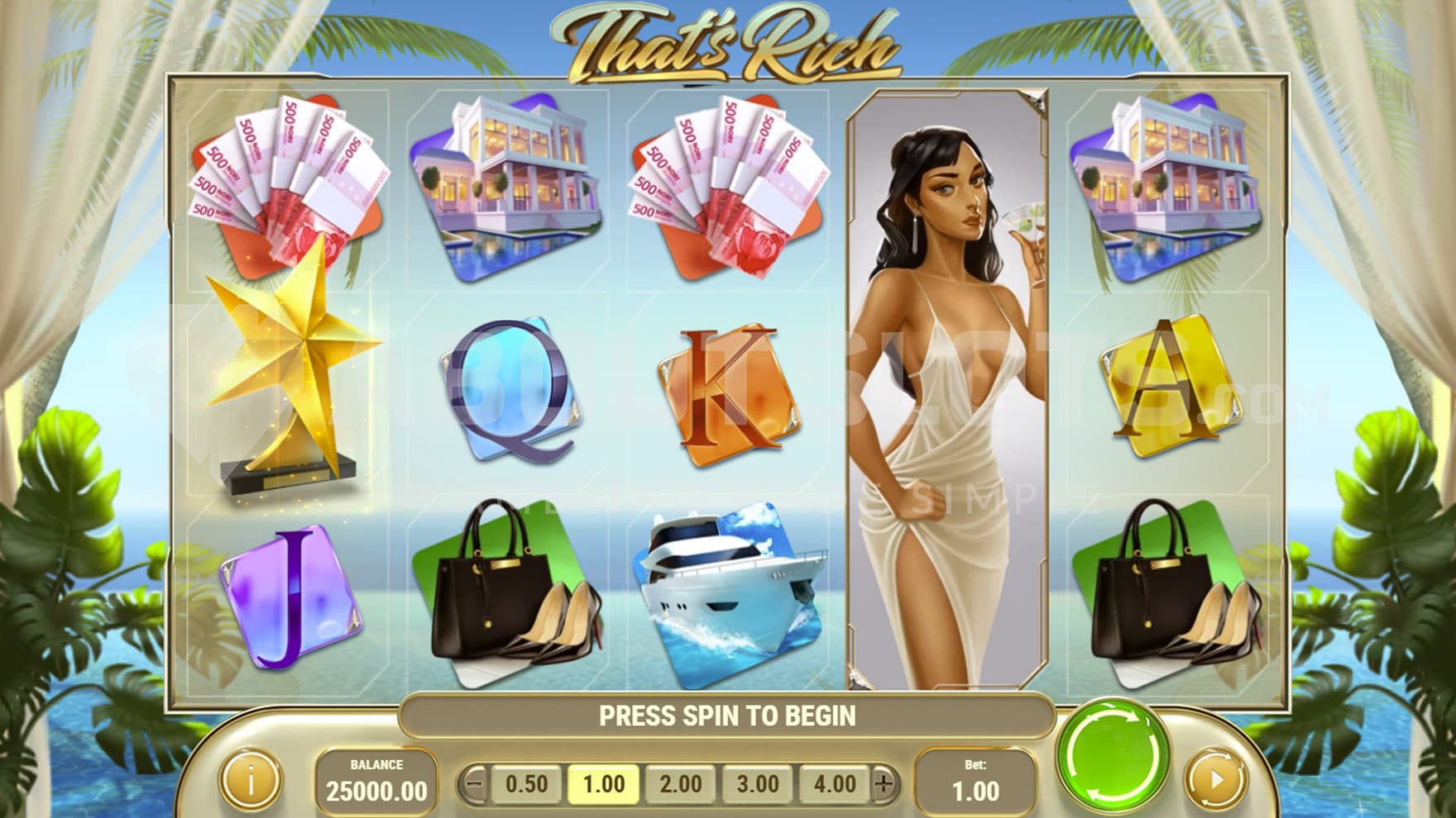 Base Game view of a 5x3 grid on a backdrop of a tropical resort overlooking the ocean.