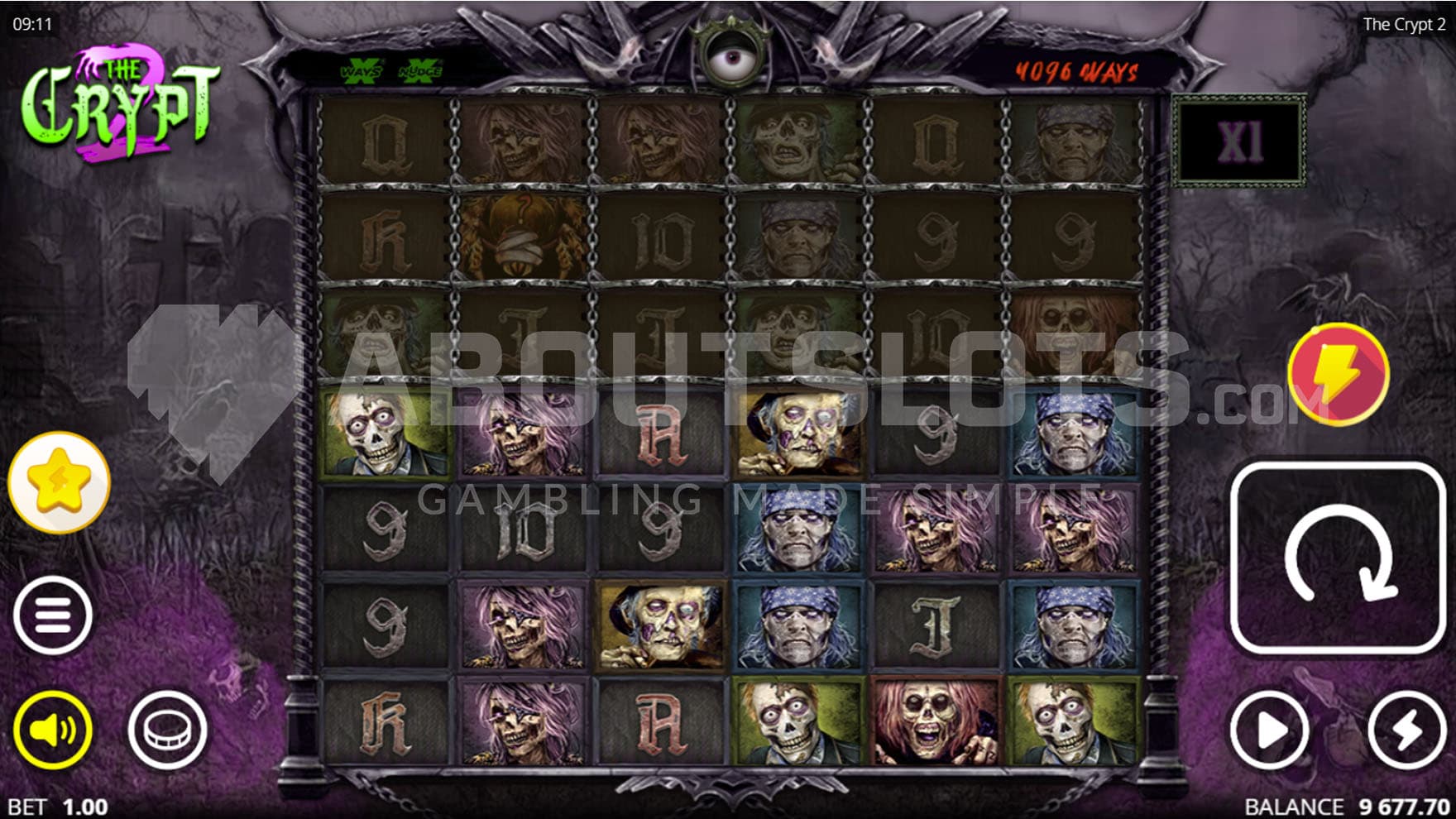 Screenshot of The Crypt 2 slot base game, with a 6x7 grid on a backdrop of a graveyard.