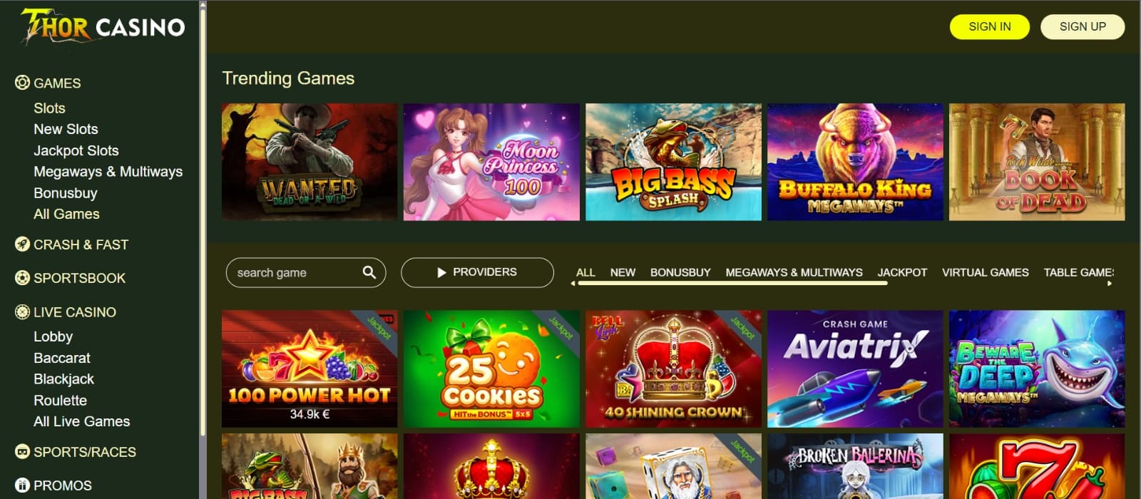 Thor Casino game page with slot titles under game category
